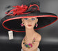 Oaks Day Hat Black w Red Feather Hat, Kentucky Derby, Tea Party, Wedding, Church, Royal Ascot Headpiece Wide Brim Sinamay Hat