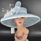 Oaks Day Hat Powder Blue w White  Feather Hat, Kentucky Derby, Tea Party, Wedding, Church, Royal Ascot Headpiece Wide Brim Sinamay Hat