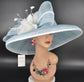 Oaks Day Hat Powder Blue w White  Feather Hat, Kentucky Derby, Tea Party, Wedding, Church, Royal Ascot Headpiece Wide Brim Sinamay Hat