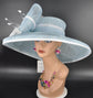 Oaks Day Hat Powder Blue w White  Feather Hat, Kentucky Derby, Tea Party, Wedding, Church, Royal Ascot Headpiece Wide Brim Sinamay Hat