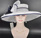 Oaks Day Hat White w Navy Blue Feather Hat, Kentucky Derby, Tea Party, Wedding, Church, Royal Ascot Headpiece Wide Brim Sinamay Hat