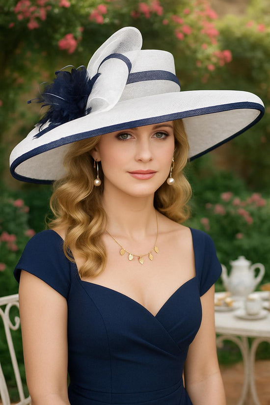 Oaks Day Hat White w Navy Blue Feather Hat, Kentucky Derby, Tea Party, Wedding, Church, Royal Ascot Headpiece Wide Brim Sinamay Hat