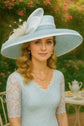 Oaks Day Hat Powder Blue w White  Feather Hat, Kentucky Derby, Tea Party, Wedding, Church, Royal Ascot Headpiece Wide Brim Sinamay Hat