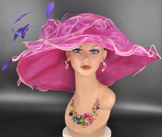 Violet Organza Derby Hat, Wide Brim, Big Bow, Wedding Tea Party