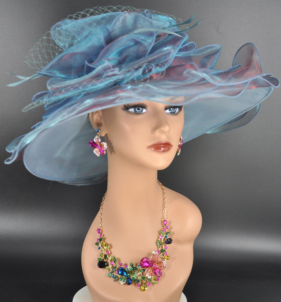 Medium Brim One Flower Blue  for Church, Wedding, Tea Party, Kentucky Derby Hat Medium Brim Organza Hat