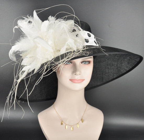 Black w White Kentucky Derby Hat Tea Party Wide Brim Sinamay Hat
