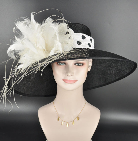 Black w White Derby Hat Tea Party Wide Brim Sinamay Hat