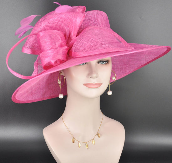 Elegant Hot Pink Sinamay Derby Hat, Wide Brim Fascinator for Kentucky Derby, Wedding Guest Hat, Tea Party Hat, Ascot Hat for Women