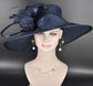 Elegant Navy Blue Sinamay Derby Hat, Wide Brim Fascinator for Kentucky Derby, Wedding Guest Hat, Tea Party Hat, Ascot Hat for Women