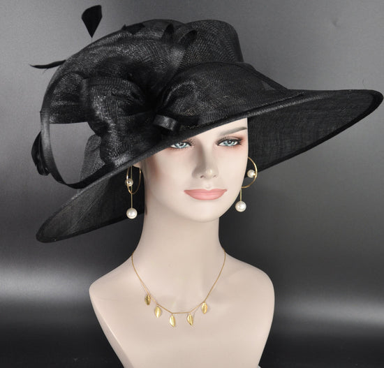 Elegant Black Sinamay Derby Hat, Wide Brim Fascinator for Kentucky Derby, Wedding Guest Hat, Tea Party Hat, Ascot Hat for Women