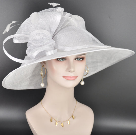 Elegant White Sinamay Derby Hat, Wide Brim Fascinator for Kentucky Derby, Wedding Guest Hat, Tea Party Hat, Ascot Hat for Women