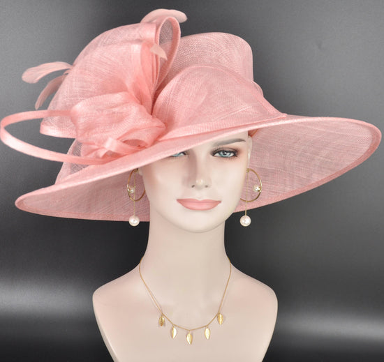 Elegant Peach Pink Sinamay Derby Hat, Wide Brim Fascinator for Kentucky Derby, Wedding Guest Hat, Tea Party Hat, Ascot Hat  For Women