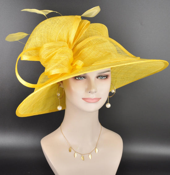 Elegant Lemon Yellow Sinamay Derby Hat, Wide Brim Fascinator for Kentucky Derby, Wedding Guest Hat, Tea Party Hat, Ascot Hat  For Women
