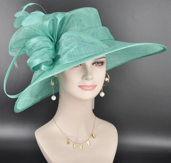 Elegant Turquoise Sinamay Derby Hat, Wide Brim Fascinator for Kentucky Derby, Wedding Guest Hat, Tea Party Hat, Ascot Hat  For Women
