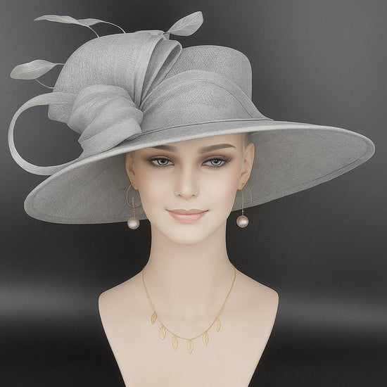 Elegant Silver/ Gray  Sinamay Derby Hat, Wide Brim Fascinator for Kentucky Derby, Wedding Guest Hat, Tea Party Hat, Ascot Hat  For Women