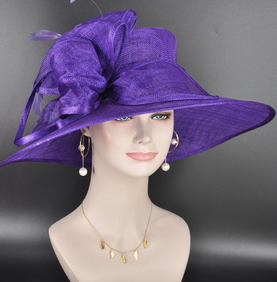 Elegant Purple Sinamay Derby Hat, Wide Brim Fascinator for Kentucky Derby, Wedding Guest Hat, Tea Party Hat, Ascot Hat  For Women