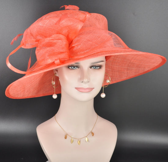 Elegant Coral Pink Sinamay Derby Hat, Wide Brim Fascinator for Kentucky Derby, Wedding Guest Hat, Tea Party Hat, Ascot Hat  For Women