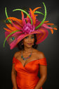 Hot Pink & Orange Green Kentucky Derby Hat  Peacock Feather Wide Brim Sinamay Straw Hat for Garden Party, Ascot,  Weddings, Tea Party