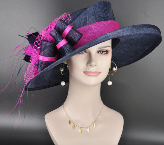 Navy Blue Fuchsia Kentucky Derby Hat, Wide Brim Sinamay Hat  for Women, Royal Ascot Hat, Tea Party Hat, Wedding Guest Hat, Spring Racing Hat