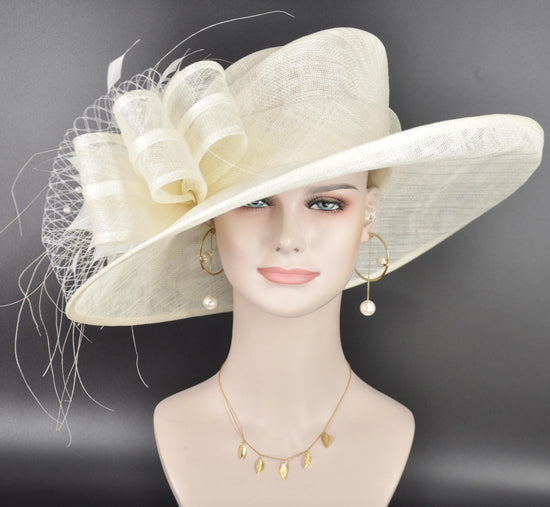 Off White/Ivory Kentucky Derby Hat, Wide Brim Sinamay Hat  for Women, Royal Ascot Hat, Tea Party Hat, Wedding Guest Hat, Spring Racing Hat