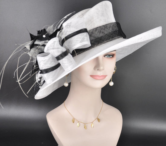 White w Black Kentucky Derby Hat, Wide Brim Sinamay Hat  Royal Ascot Hat, Tea Party Hat, Wedding Guest Hat, Spring Racing Hat