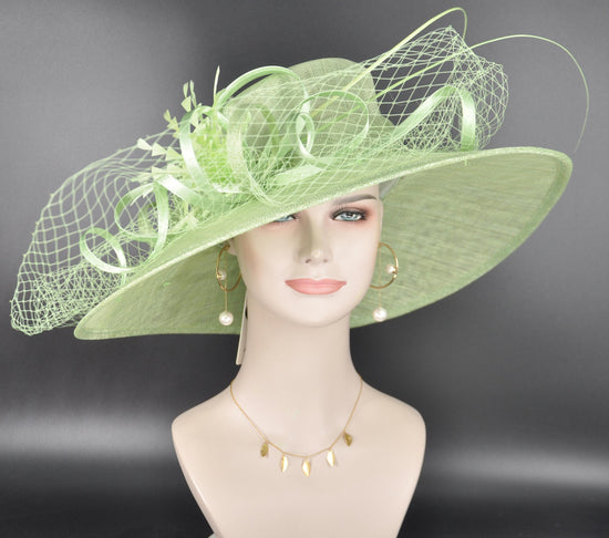 Spring Green Wide Brim Sinamay Derby Hat: Feather Flower Ascot Hat