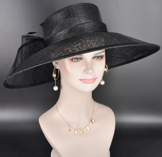 Black  Wide Brim Hat for Women, Kentucky Derby Hat, Church & Ascot Hat, Adjustable Size Elegant Statement Hat