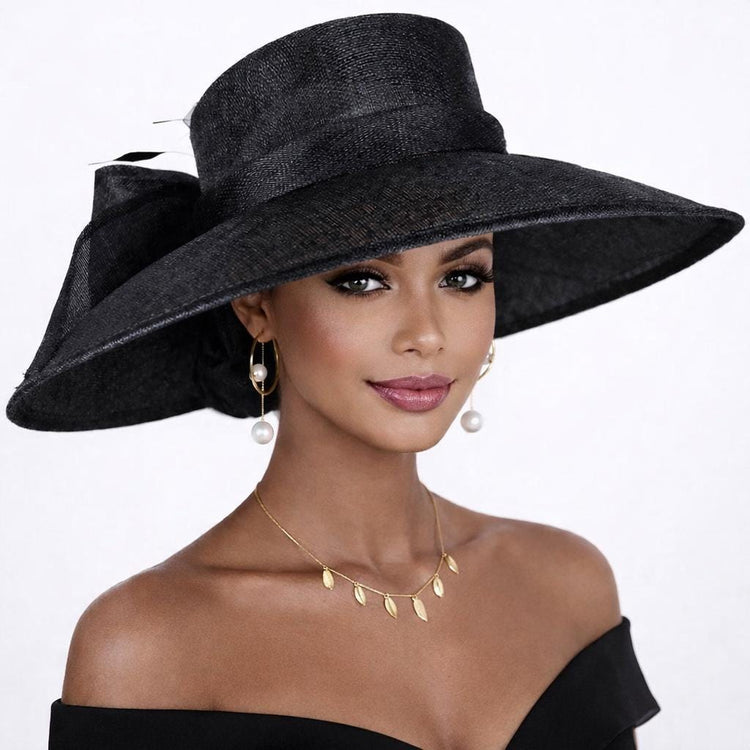 Black Wide Brim Hat for Women, Kentucky Derby Hat, Church & Ascot Hat, Adjustable Size Elegant Statement Hat