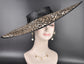 Wide Brim Sinamay Hat, 23.5 Inch Derby Hat, Ascot Hat, Church Hat, Wedding Hat, Statement Race Day Hat Black w Leopard