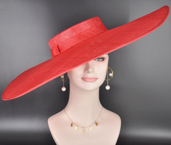 Wide Brim Sinamay Hat, 23.5 Inch Derby Hat, Ascot Hat, Church Hat, Wedding Hat, Statement Race Day Hat Red