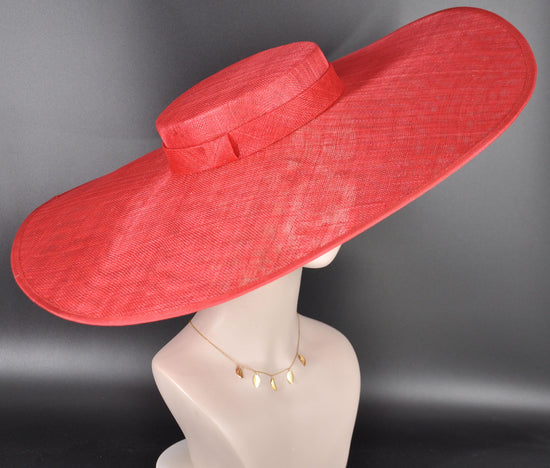 Wide Brim Sinamay Hat, 23.5 Inch Derby Hat, Ascot Hat, Church Hat, Wedding Hat, Statement Race Day Hat Red