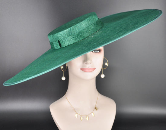 Wide Brim Sinamay Hat, 23.5 Inch Derby Hat, Ascot Hat, Church Hat, Wedding Hat, Statement Race Day Hat Emerald Green