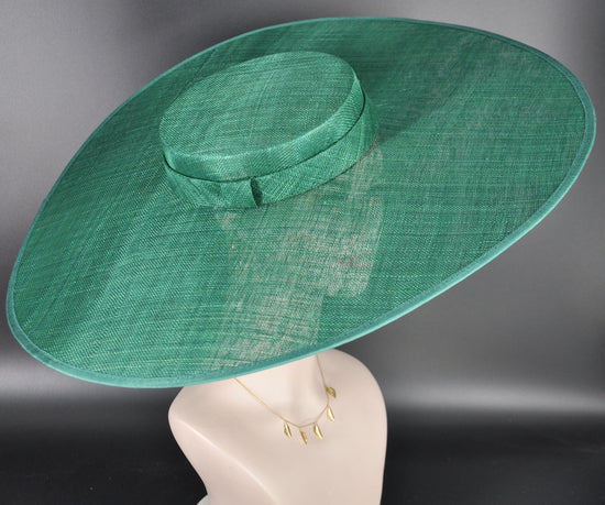 Wide Brim Sinamay Hat, 23.5 Inch Derby Hat, Ascot Hat, Church Hat, Wedding Hat, Statement Race Day Hat Emerald Green