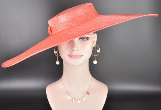 Wide Brim Sinamay Hat, 23.5 Inch Derby Hat, Ascot Hat, Church Hat, Wedding Hat, Statement Race Day Hat Coral Pink