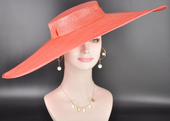 Wide Brim Sinamay Hat, 23.5 Inch Derby Hat, Ascot Hat, Church Hat, Wedding Hat, Statement Race Day Hat Coral Pink