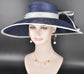 Navy Blue w White Wide Brim Hat for Women, Kentucky Derby Hat, Church & Ascot Hat, Adjustable Size Elegant Statement Hat