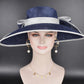 Navy Blue w White Wide Brim Hat for Women, Kentucky Derby Hat, Church & Ascot Hat, Adjustable Size Elegant Statement Hat