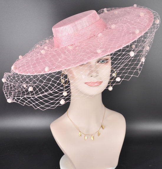 Pink Wide Brim Fascinator Hat with Veil 18 Inch Sinamay Ascot Hat for Wedding Race Day Mother of the Bride