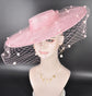 Pink Wide Brim Fascinator Hat with Veil 18 Inch Sinamay Ascot Hat for Wedding Race Day Mother of the Bride