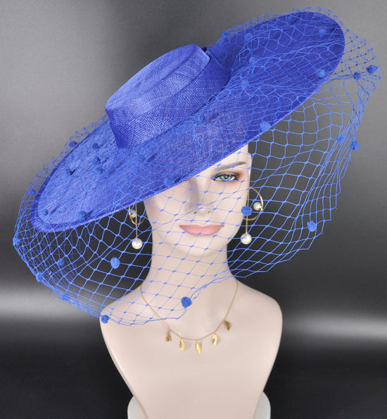 Royal Blue Wide Brim Fascinator Hat with Veil 18 Inch Sinamay Ascot Hat for Wedding Race Day Mother of the Bride