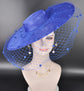 Royal Blue Wide Brim Fascinator Hat with Veil 18 Inch Sinamay Ascot Hat for Wedding Race Day Mother of the Bride