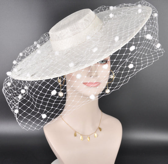 White Wide Brim Fascinator Hat with Veil 18 Inch Sinamay Ascot Hat for Wedding Race Day Mother of the Bride