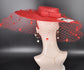 Red Wide Brim Fascinator Hat with Veil 18 Inch Sinamay Ascot Hat for Wedding Race Day Mother of the Bride