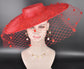 Red Wide Brim Fascinator Hat with Veil 18 Inch Sinamay Ascot Hat for Wedding Race Day Mother of the Bride