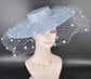 Light Blue Wide Brim Fascinator Hat with Veil 18 Inch Sinamay Ascot Hat for Wedding Race Day Mother of the Bride