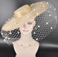 Gold Wide Brim Fascinator Hat with Veil 18 Inch Sinamay Ascot Hat for Wedding Race Day Mother of the Bride