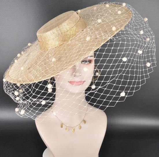 Gold Wide Brim Fascinator Hat with Veil 18 Inch Sinamay Ascot Hat for Wedding Race Day Mother of the Bride