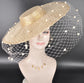 Gold Wide Brim Fascinator Hat with Veil 18 Inch Sinamay Ascot Hat for Wedding Race Day Mother of the Bride