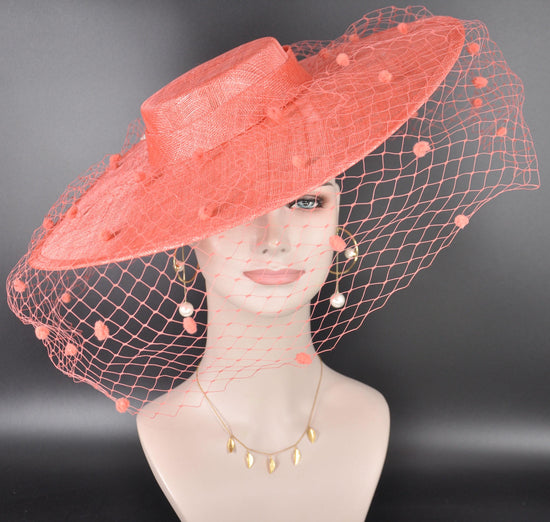 Coral Pink Wide Brim Fascinator Hat with Veil 18 Inch Sinamay Ascot Hat for Wedding Race Day Mother of the Bride