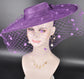 Purple Wide Brim Fascinator Hat with Veil 18 Inch Sinamay Ascot Hat for Wedding Race Day Mother of the Bride